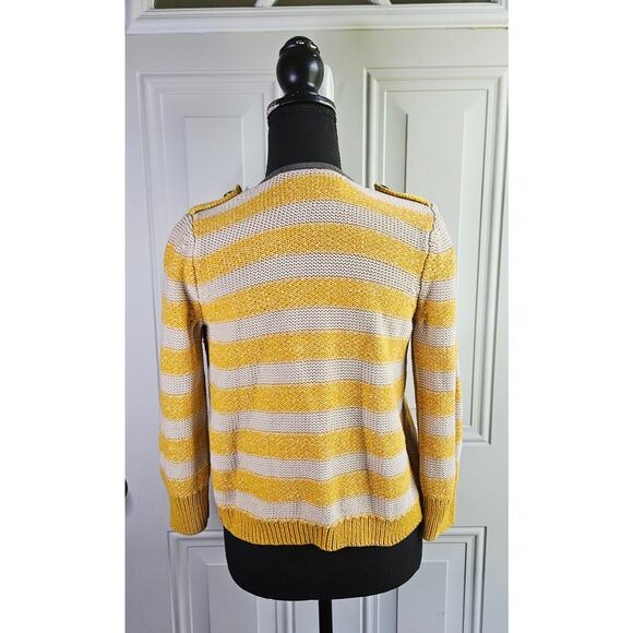LOFT Military Style Cardigan Sweater Yellow Cream Striped Cotton Size Small - Picture 2 of 12